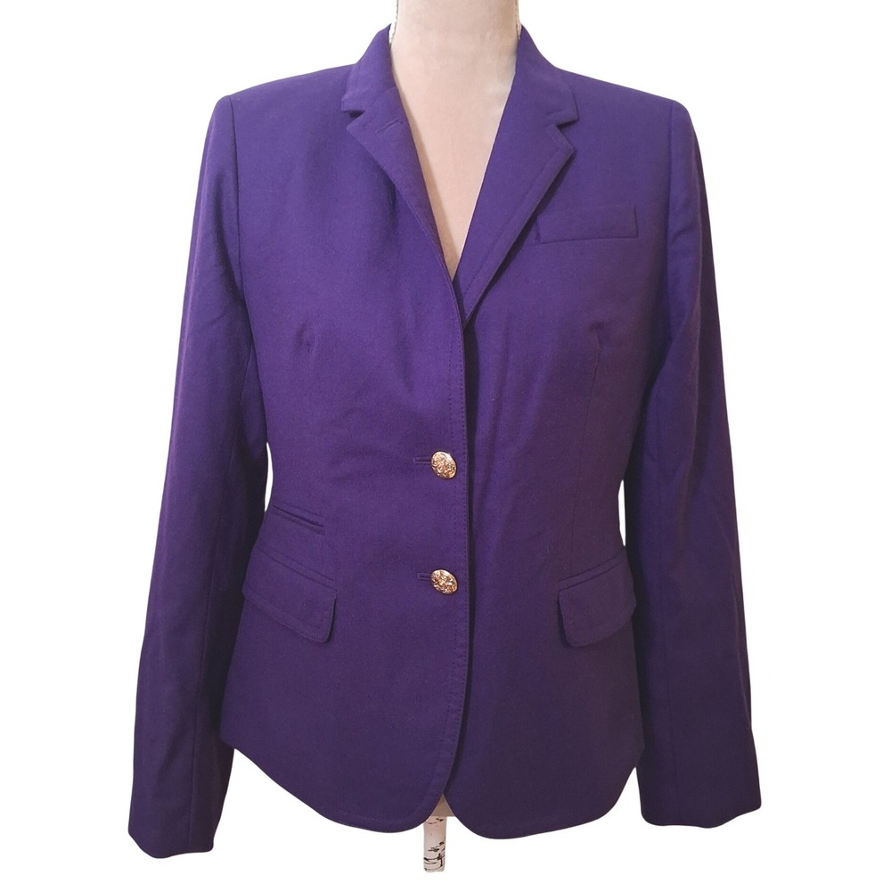 J.Crew Schoolboy Blazer Purple 100% Wool Gold Crest Buttons Size 8